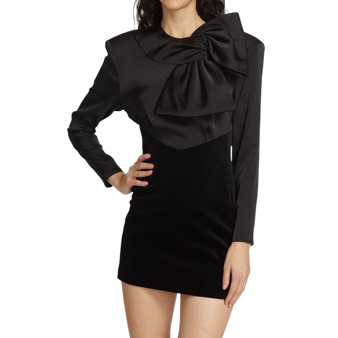Ronny Kobo Arya Jet Black Velvet Satin Bow Front Long Sleeve Mini Dress Msrp 498
